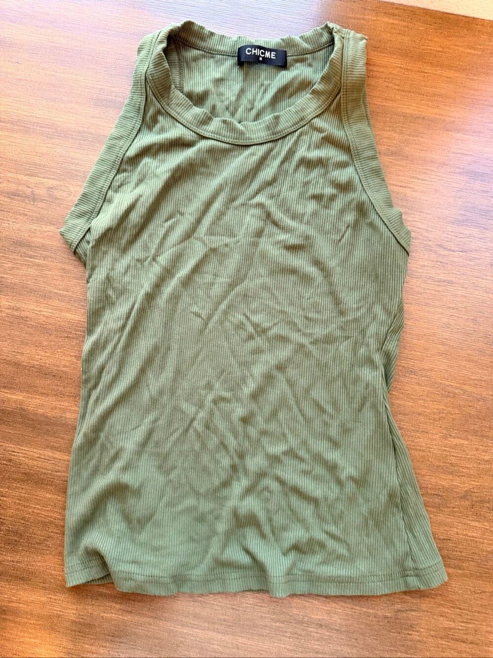 ChicMe Olive Green Ribbed Tank Top Scoop Neck Stretch Casual Summer Shirt M